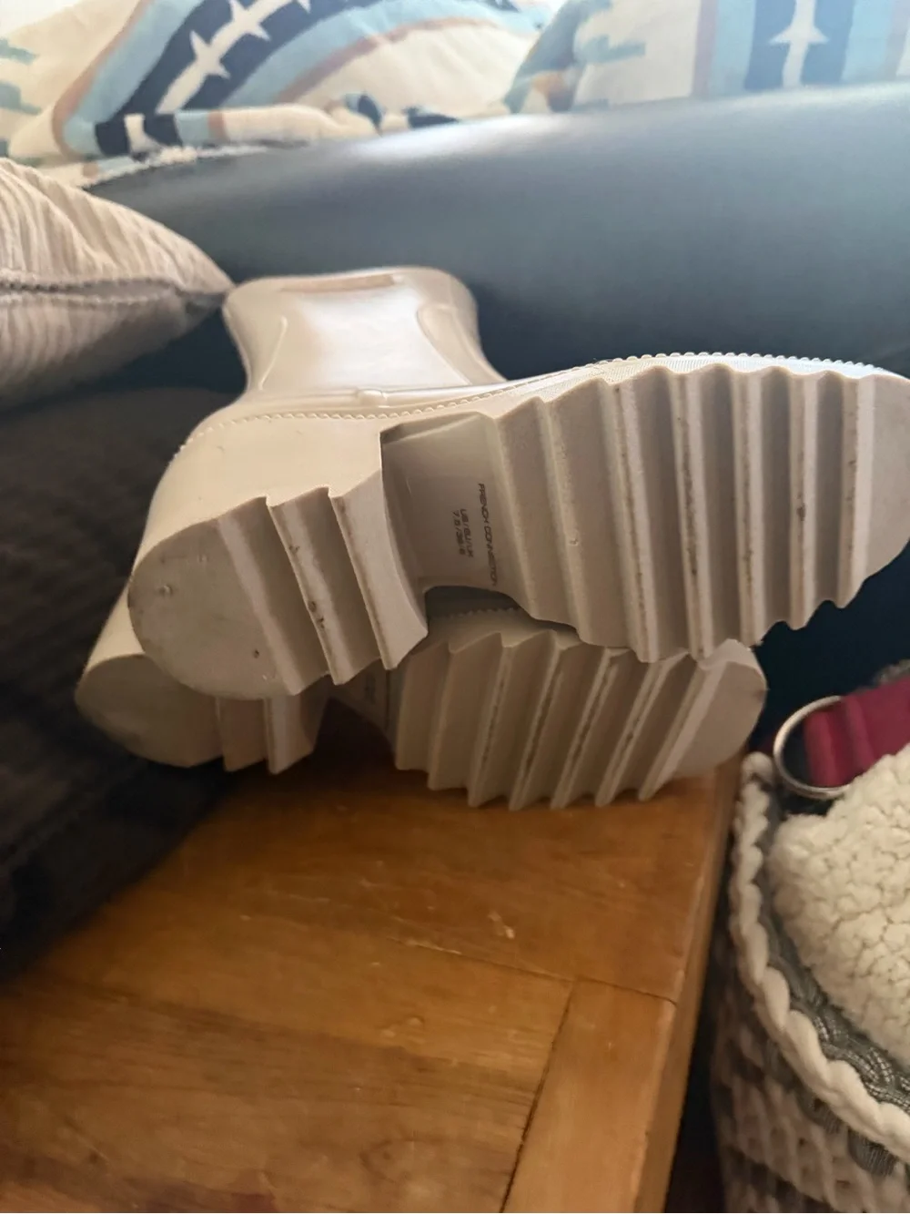 French Connection Cream Platform Rain Boots with Side Zip Closure